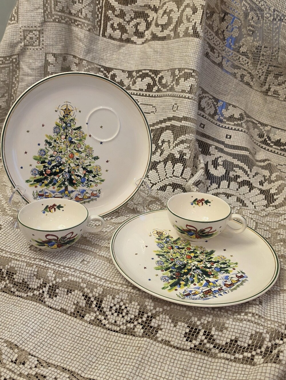 Vtg Salem Christmas Eve Snack Plates Cups Set 2 Viktor Schreckengost MCM 9.25”